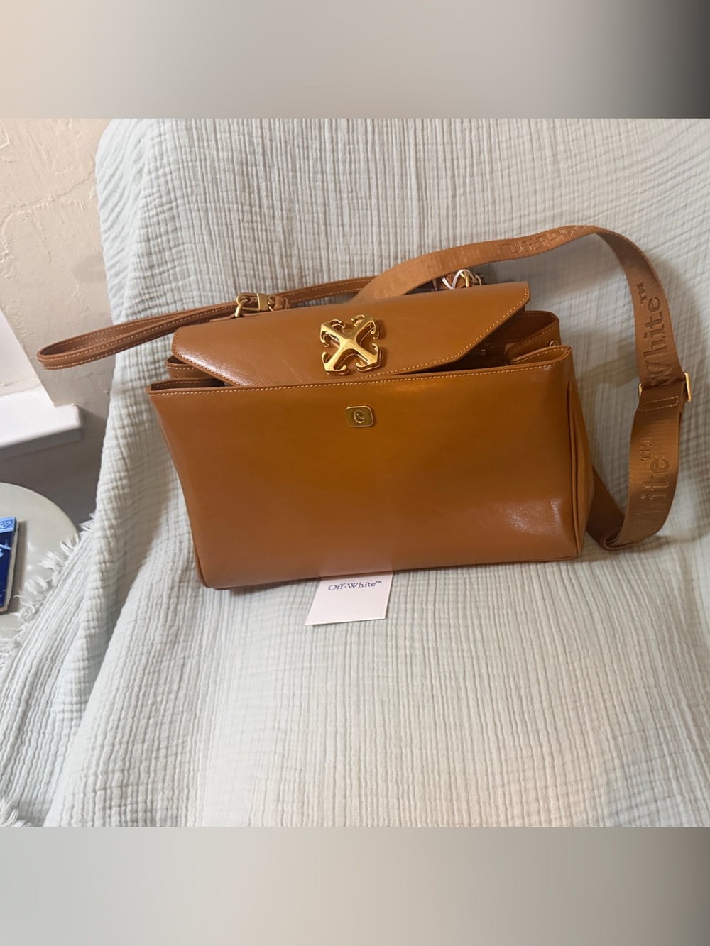Off-White Cognac Leather Shoulder Bag with Gold Hardware - Picture 10 of 15